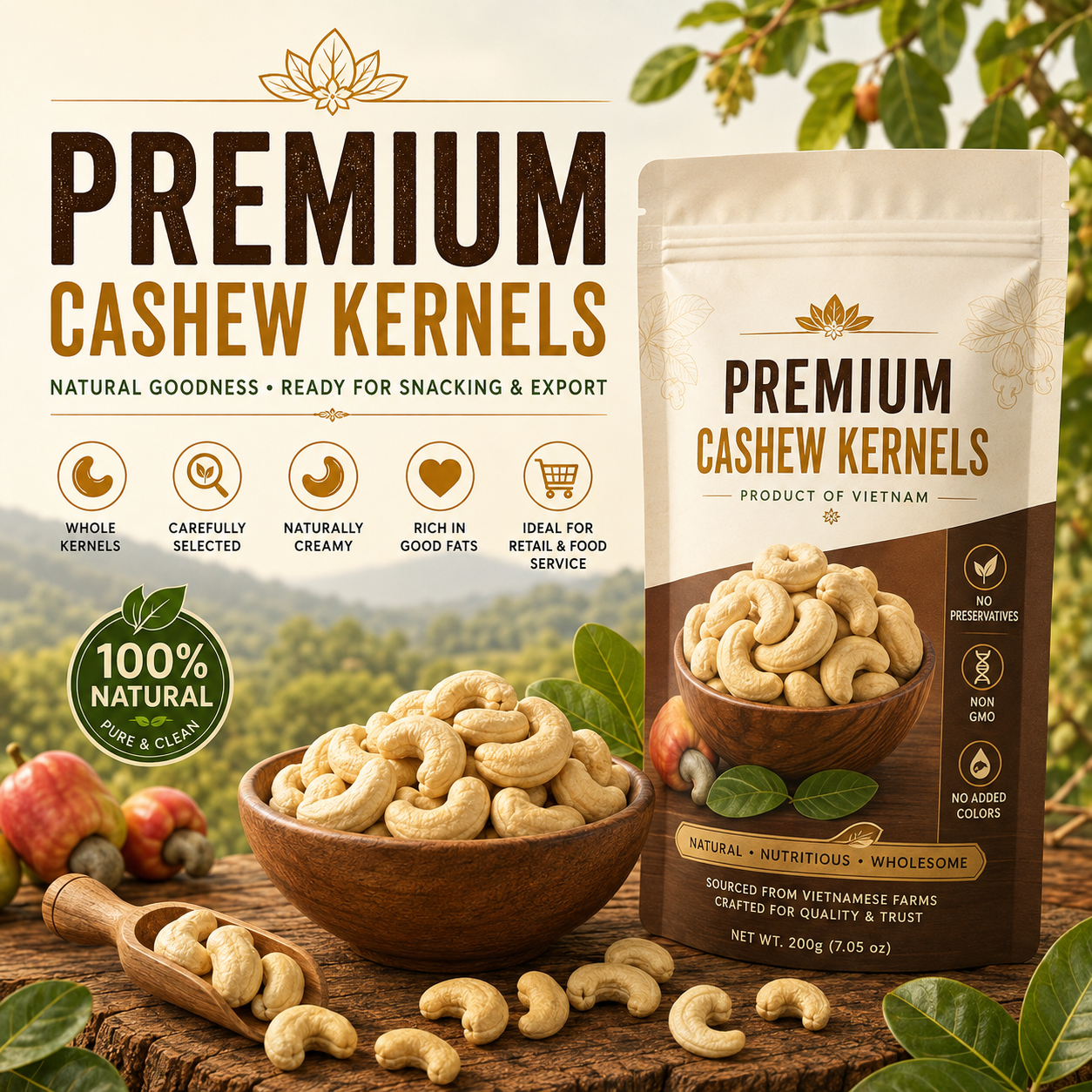 Vietnamese cashew kernels for retail and food processing